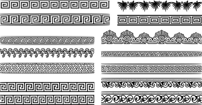 Ancient Greek borders. Greek Roman meander and wave decorative seamless patterns vector illustration set. Greek geometric meander borders