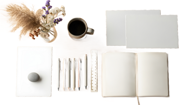 Creative workspace with paper pens and coffee