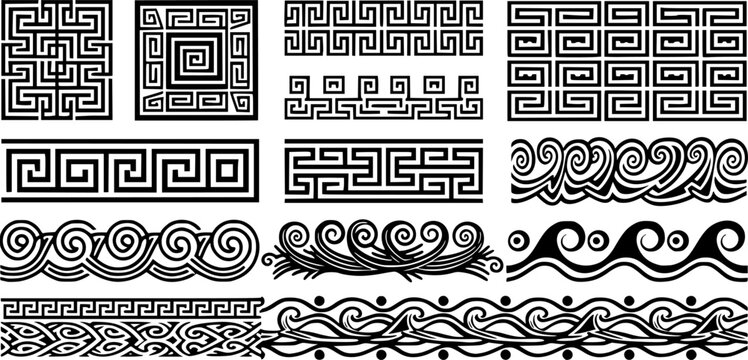 Ancient Greek borders. Greek Roman meander and wave decorative seamless patterns vector illustration set. Greek geometric meander borders