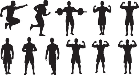Dynamic fitness silhouettes showcasing powerful strength training and athletic poses, perfect for gym promotions and motivational content