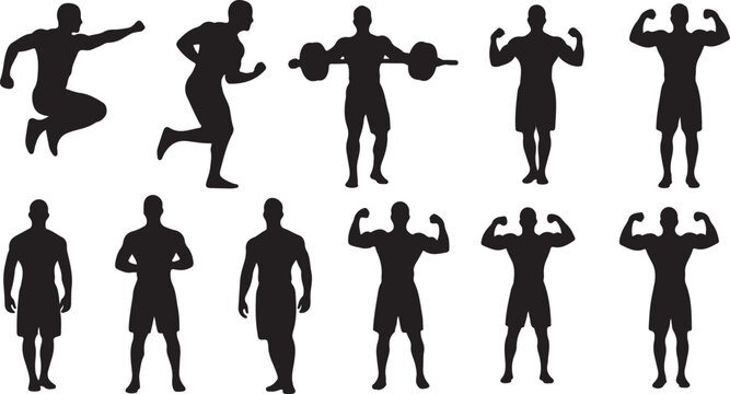 Dynamic fitness silhouettes showcasing powerful strength training and athletic poses, perfect for gym promotions and motivational content