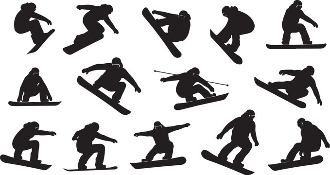 Dynamic snowboarding silhouettes showcasing diverse poses for winter sports enthusiasts and creative design projects with a modern, sporty aesthetic appeal