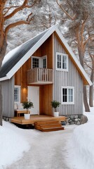Cozy Wooden Cabin Nestled Amidst Snowy Trees in Winter Landscape with Warm Interior Light