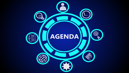 A digital agenda graphic with icons in a circle against a dark blue background displaying agenda