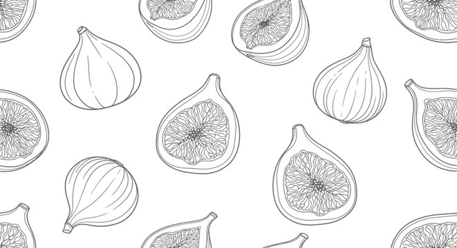 Delicate line art pattern of ripe figs, showcasing their unique texture and organic shape.