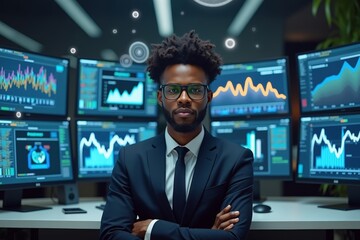 African American man wearing glasses and suit, looking serious, sitting at modern desk