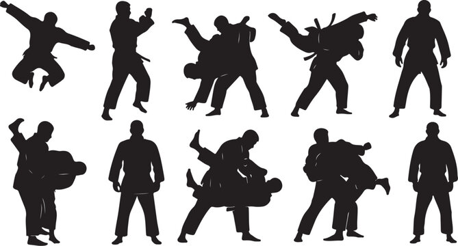 Dynamic martial arts silhouettes showcase powerful grappling techniques and athletic stances for combat sports and training inspiration