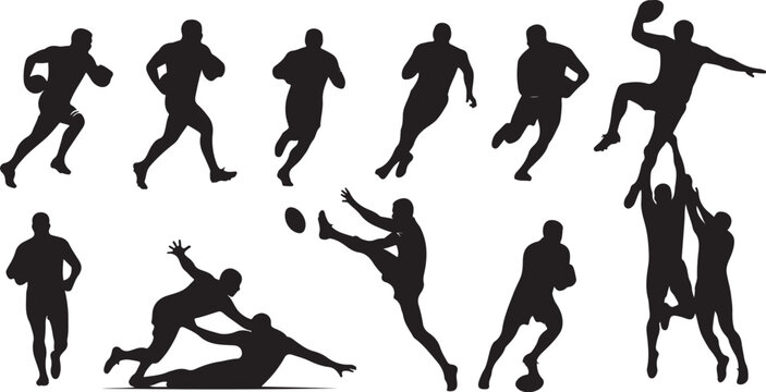 Dynamic rugby players in action silhouettes capturing the intensity and athleticism of the sport for sports marketing and design projects