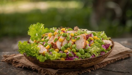 Fresh chicken salad featuring lettuce, peas, and corn with a focused view