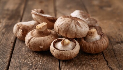 Fresh mushrooms arranged on wooden surface, ideal for culinary use