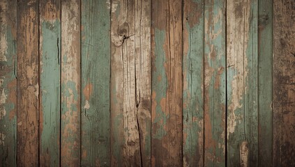 Naklejka premium Rustic wooden planks with weathered green paint, showing cracks and scratches in a vintage style.