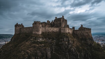 Fototapeta premium Edinburgh Castle beneath a cloudy sky, historical landmark, preservation