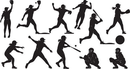 Dynamic silhouettes of female athletes showcasing diverse baseball and softball actions, capturing athleticism and competitive spirit.