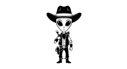 Monochrome Illustration of a space traveler in a cowboy outfit with culinary tools ready for