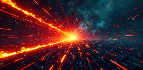 Naklejka premium Abstract victory represented by glowing geometric shapes and dynamic light trails, signifying achievement and triumph in a digital space. Abstract explosion of vibrant, glowing geometric shapes and