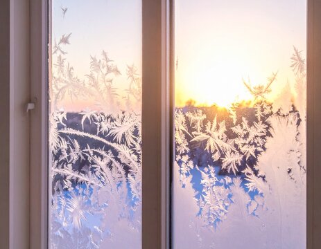 Beautiful frost patterns on the glass window, blurred sunset outside. Pale pastel flatlay background. - Powered by Adobe