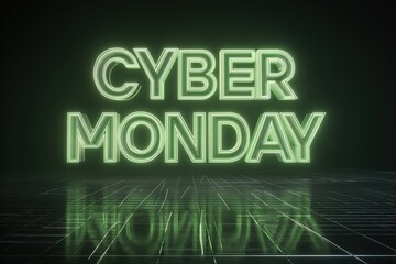 Obraz premium Neon green Cyber Monday text, dark grid floor perspective, subtle fog, neon reflections, immersive cyberpunk vibe
