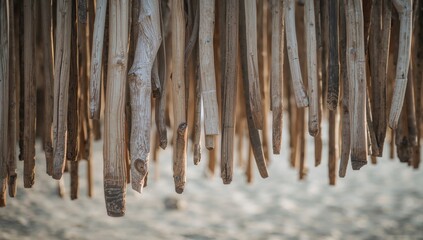 Vertically suspended smooth driftwood pieces