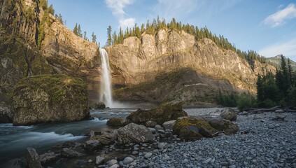 A Cascade Descending Over Rugged Rocky Cliffs