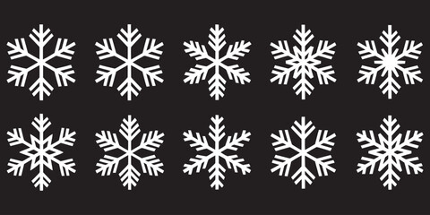 A collection of white snowflake icons,with intricate designs on black