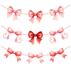 Set of pink ribbon bow garland Coquette vintage romantic feminine design Watercolor rococo aesthetic