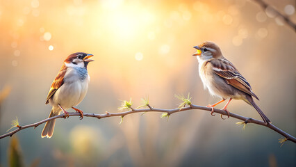 A small robin or chaffinch bird with a beak and feathered wing perched on a tree branch in spring within the wild garden nature