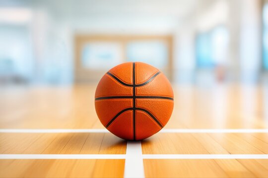 Basketball Court Featuring A Focused Basketball On Wood Floor Indoors With Blurred Background And Clear Lines Evident In High Detail