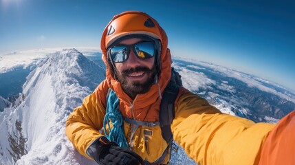 Adventurer captures a triumphant moment at the summit surrounded by vast blue skies and mountain ranges.