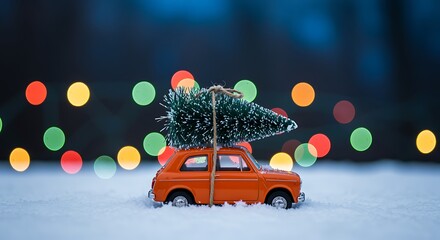 Orange toy car with Christmas tree on roof in snow bokeh lights image
