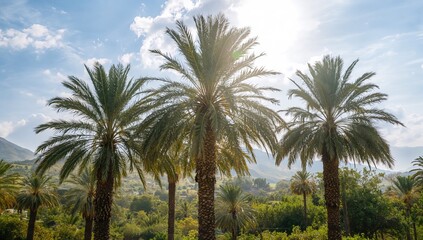 Fototapeta premium Summer landscape with date palm trees and clear sky