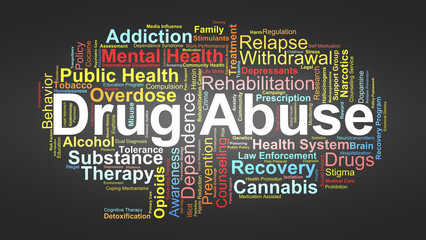 Drug Abuse Word Cloud. Key Concepts On Addiction, Treatment, Recovery, Mental Health, And Social Impact Related To Substance Misuse And Public Health Issues.