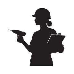 Empowered female construction worker silhouette with tools symbolizing strength and professionalism. 