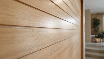 Close-up of a modern slatted wall composed of slender light oak strips in a bright interior setting