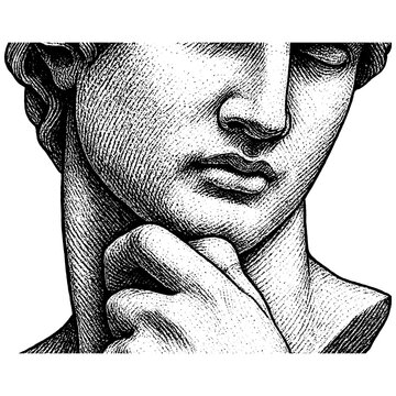 Engraved classical statue in thoughtful pose &mdash; subtle emotion, elegant realism, intellectual beauty, isolated on transparent background.