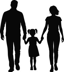 Black and white silhouette of family walking together, parents holding daughter’s hands, minimalist vector illustration on white background