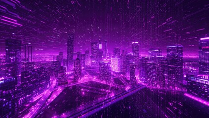 Vibrant glowing purple urban landscape infused with digital data streams, technological advancement and innovation theme