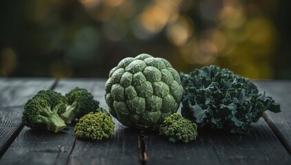 Fototapeta premium Brussels sprout accompanied by broccoli and kale on a dark wooden surface, fiber-dense choice