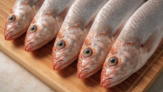Four freshly cleaned sea breams displayed on a wooden surface, protein-rich meal
