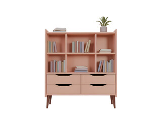 Modern blush pink storage cabinet and bookshelf with four drawers, decorative books, and a potted plant isolated on transparent background.