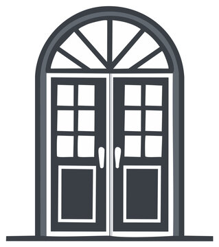 Traditional arched double doors with a fanlight transom window, classic vector illustration