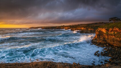 Obraz premium Autumn storm generates large waves along the coastal region of Big Sur, erosion risk