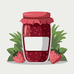 Obraz premium Strawberry jam jar with blank label in flat design isolated on white background
