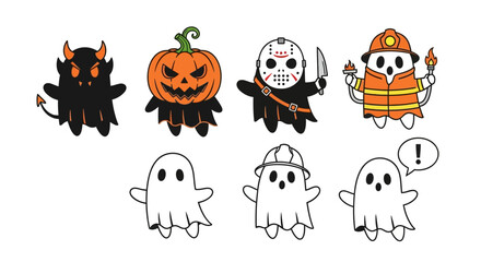 Naklejka premium Charming Halloween Characters Featuring Devil Pumpkin Hockey Mask Firefighter and Cute Ghosts