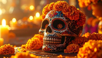 Celebrate Día de los Muertos with this vibrant sugar skull adorned with marigolds, glowing in the candlelight, a beautiful tribute to loved ones