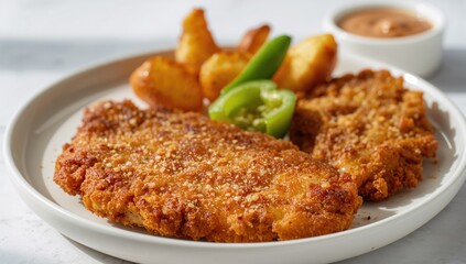 Crispy panko-coated pork schnitzel served with potato wedges and fresh pepper, fiber-dense choice