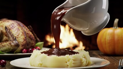 Thanksgiving Gravy Boat Delivers Rich Gravy to Creamy Mashed Potatoes, Completing a Cozy Holiday Feast with Roasted Turkey and Fireplace. - Powered by Adobe