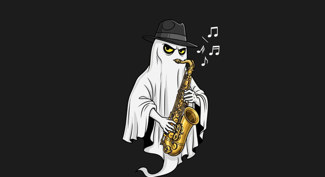 Spectre Serenade: A Ghostly Musician Playing Saxophone with Style and Mystery on a Dark Backdrop