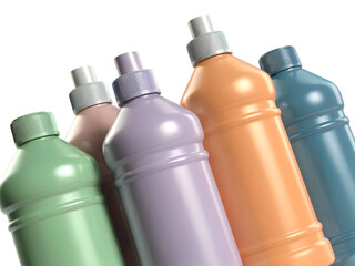 Opaque 3D plastic bottles containing cleaning fluid or detergent in various pastel colors isolated on transparent background