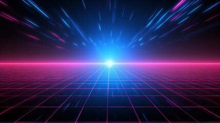 Obraz premium A vibrant digital landscape featuring a grid and radiant beams of light, evoking a futuristic and retro aesthetic.