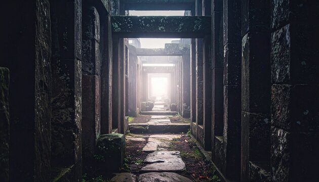 Otherworldly old ancient stone dark labyrinth.  - Powered by Adobe